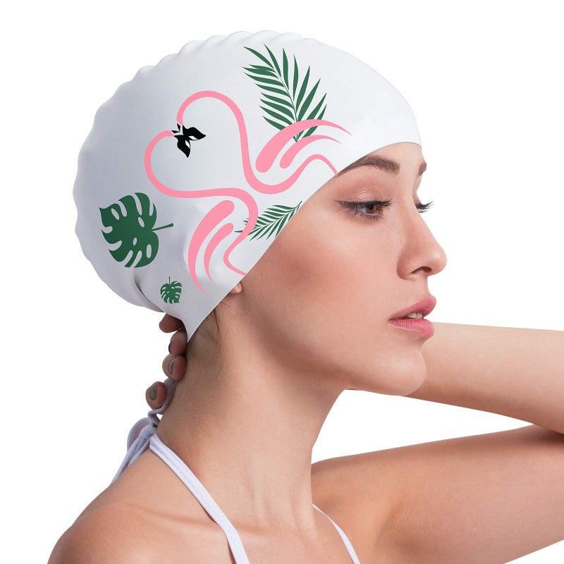 COPOZZ Swim Cap Women Adult, Silicone Waterproof Comfortable Swim Cap for Long and Short Hair (Flamingo-12yrs+) - Image 1